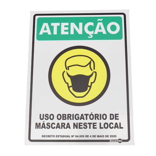 Placa de Sinalização ATENÇÃO USO OBRIGATÓRIO DE MÁSCARA NESTE LOCAL Ref PS265 ENCARTALE