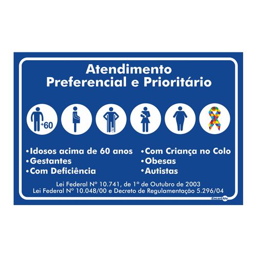 Placa de Sinalização 20x30cm ATENDIMENTO PRIORITÁRIO PS780 ENCARTALE