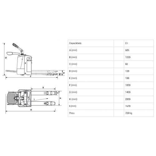 Carro Hidráulico Paleteira 2Ton Elétrico LARGO 685MM 220V TPE2000EE BOVENAU