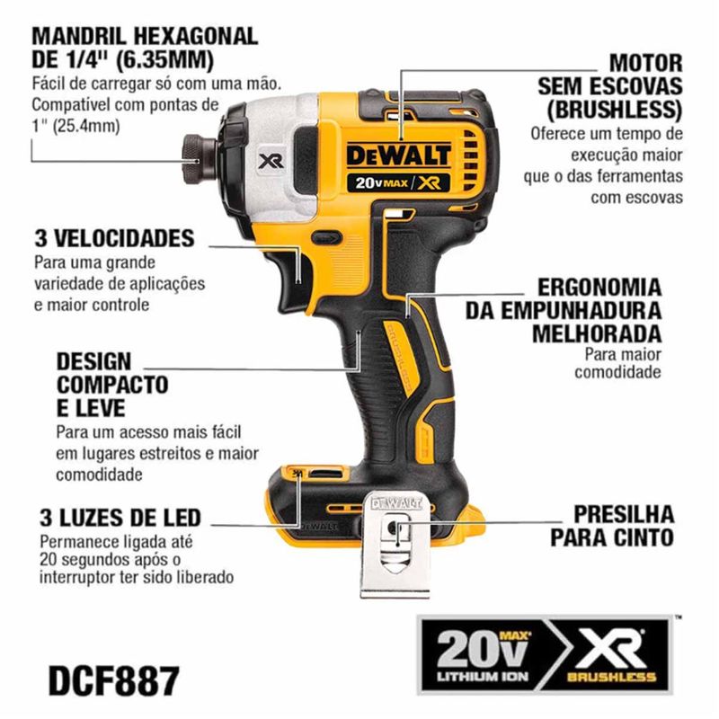Parafusadeira-e-Furadeira-de-Impacto-1-4pol-20V-Max-XR-3VVR-DCF887B-B3-DEWALT-