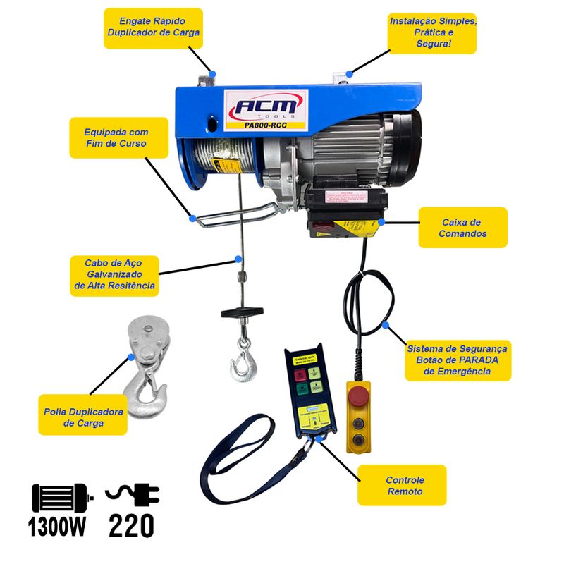 Guincho-Talha-Eletrica-Profissional-com-Controle-Remoto-400-800Kg-Elevacao-12Mts-PA800RCC-ACM-TOOLS