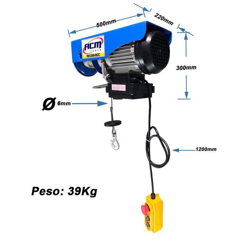 Guincho-Talha-Eletrica-Profissional-com-Controle-Remoto-600-1200Kg-Elevacao-12Mts-PA1200RCC-ACM-TOOLS