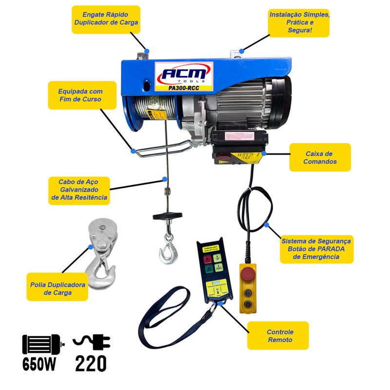 Guincho-Talha-Eletrica-Profissional-com-Controle-Remoto-150-300Kg-Elevacao-12Mts-PA300RCC-ACM-TOOLS