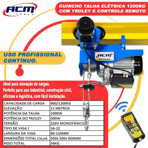 Guincho Talha Elétrica PROFISSIONAL com Troley Elétrico e Controle Remoto 600/1200Kg 220v PAT1200RCC ACM TOOLS