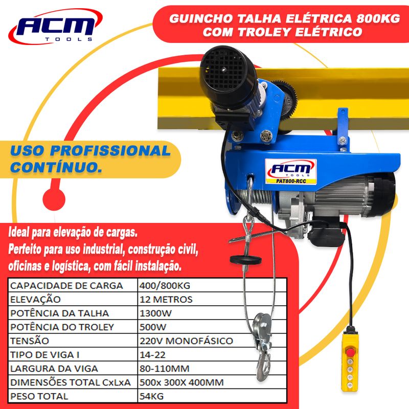 Guincho-Talha-Eletrica-Profissional-com-Troley-400-800Kg-Elevacao-12Mts-220V-PAT800C-ACM-TOOLS