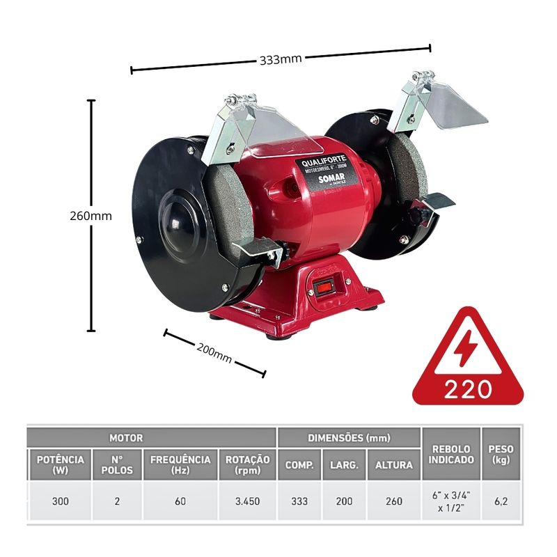 Motoesmeril de bancada 6 POL - 300W - 220V para operacao em metais 10011024 Somar -3-