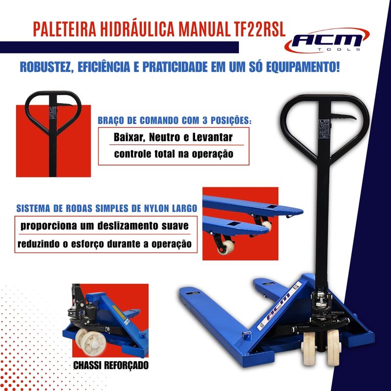 Carro Hidraulico Paleteira 2,2Ton Roda Simples Nylon Largo TF22RSL ACM TOOLS -4-