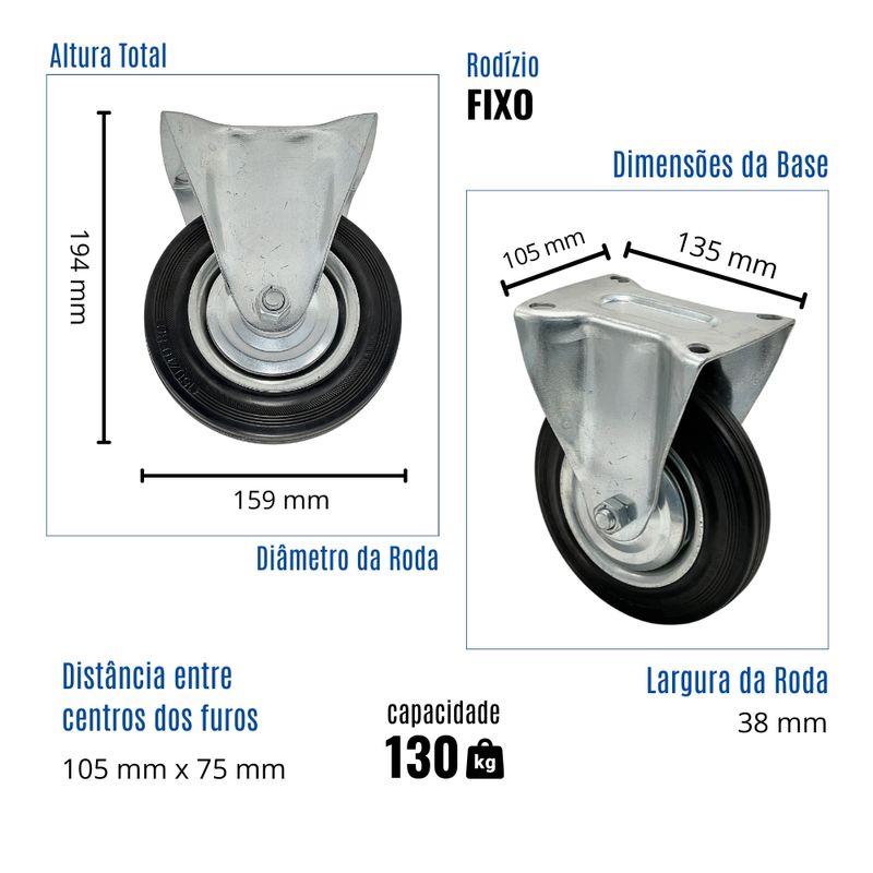 Rodizio Fixo 6pol Borracha Preta 130Kg RM86 MARCON -3-